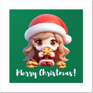 Chibi Kawaii Santa Claus Eating Cookies Posters and Art